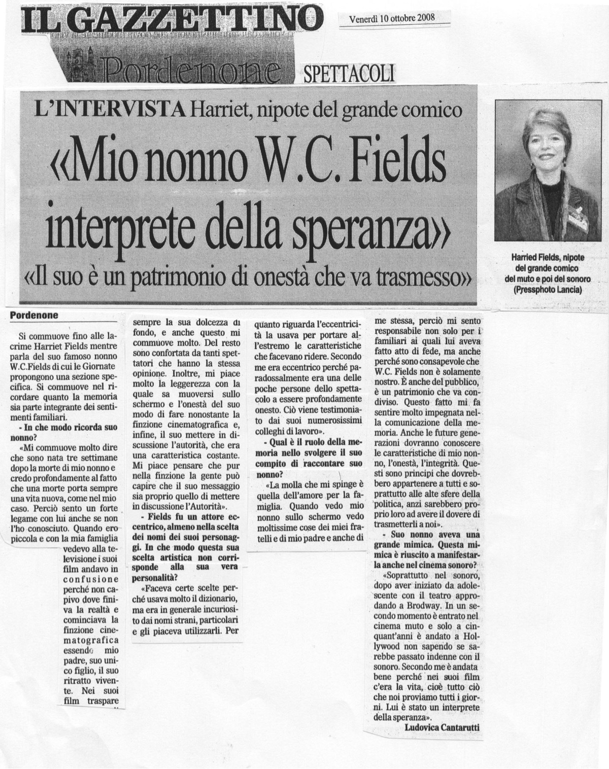 Il Gazzettino article clipping on W.C. Fields